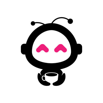 Cute robot mascot holding a cup of coffee icon, modern flat vector illustration