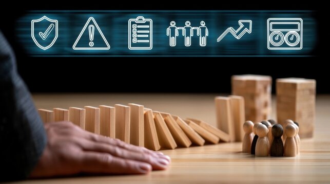 Businessperson preventing a chain of falling wooden domino blocks with hand near tiny figures
