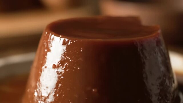 Close-up macro shot of a glossy, rich brown chocolate flan or pudding dessert, emphasizing the smooth, creamy texture and decadent appearance.
