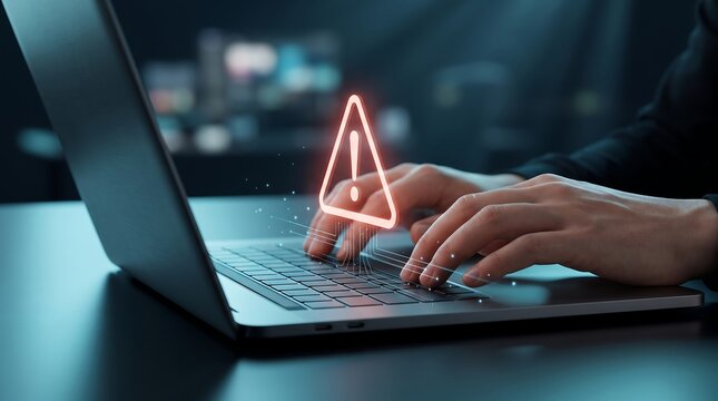 Hands typing on laptop keyboard with glowing red warning triangle icon and digital circuit lines indicating critical system threat and cyber security breach in dark workplace setting
