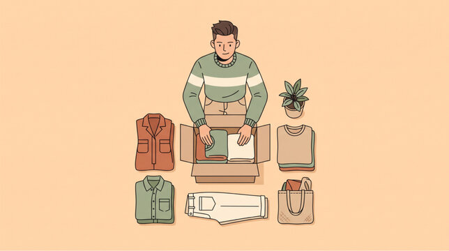 Vector illustration of a man neatly packing folded clothes into a cardboard box for moving house or wardrobe decluttering.