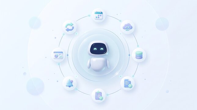 Small white robot character surrounded by digital data management icons on light blue background representing artificial intelligence and cloud computing integration concepts in modern technology