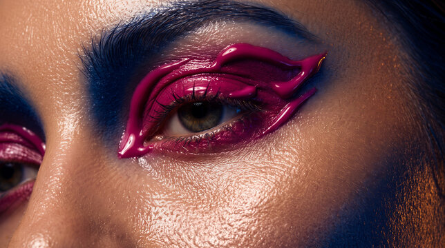 Close up of woman s eye with bold pink and blue makeup