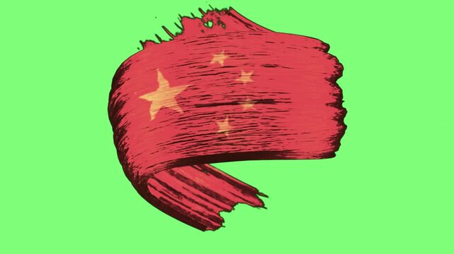 Chinese flag artwork features a red brush stroke with yellow stars on green background.