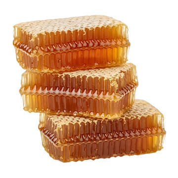 Stack of fresh sweet golden honeycomb pieces on white background