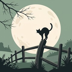 Obraz premium Black silhouette Halloween cat arching back on rustic wooden fence under enormous full moon in quiet countryside landscape for mystical halloween night scene vector art. halloween