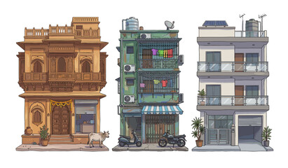 Obraz premium Three Distinct Styles of 2D Architectural Illustration Depicting Traditional Heritage Buildings and Modern Urban Residential Homes