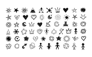Fototapeta premium Set of hand drawn doodle shapes and icons including stars hearts and crowns on a white background