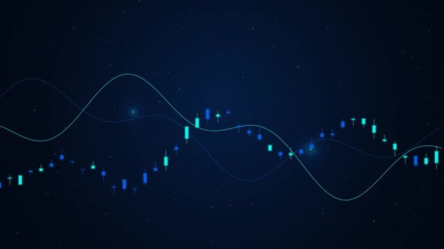 Digital financial trading chart with candlestick patterns and trend lines on a dark blue background