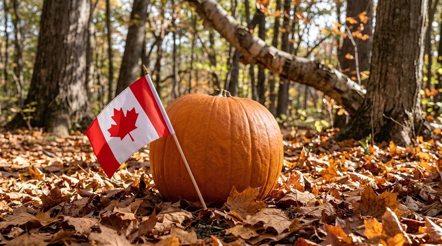 Canadian flag stuck in a large orange pumpkin in a forest covered with autumn leaves.