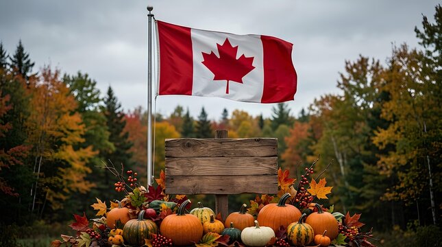 Canadian flag over rustic wooden sign and autumn harvest display of pumpkins and squash in a forest.