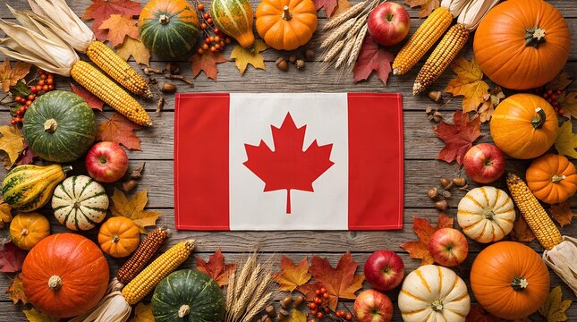 Canadian flag surrounded by autumn harvest pumpkins corn and fall leaves on rustic wooden background.