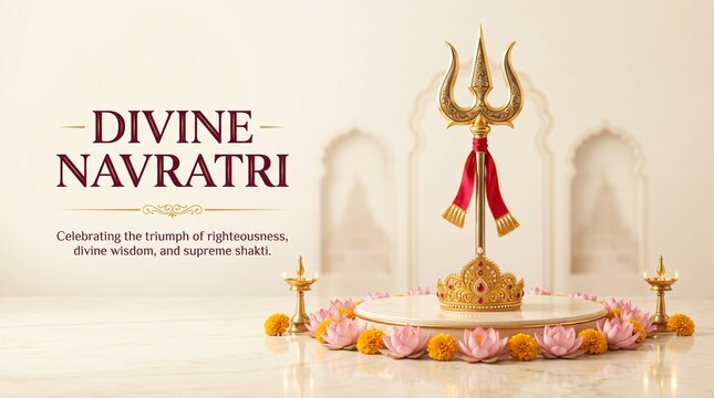 Divine Navratri panoramic website banner header with golden trishul on ivory dais with royal mukut pink lotus blossoms twin brass diya lamps and luxury greeting typography for durga puja celebration