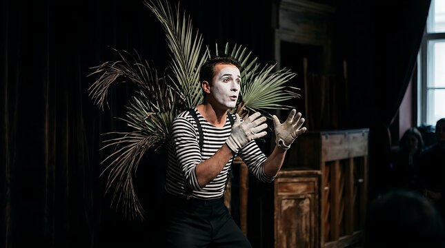 Entertainer performs mime act with expressive gestures and white face paint on stage