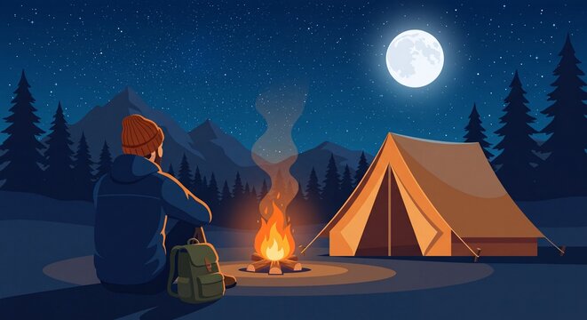 Outdoor adventure camping retreat illustration of a hiker resting by a glowing campfire and tent under a starry moonlit sky in mountains