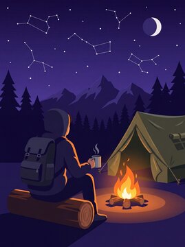 Outdoor adventure illustration of a backpacker sitting by a campfire at night with a tent under a starry sky and mountain landscape