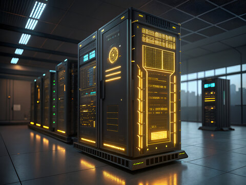 Server racks with glowing yellow lights in a modern data center during nighttime