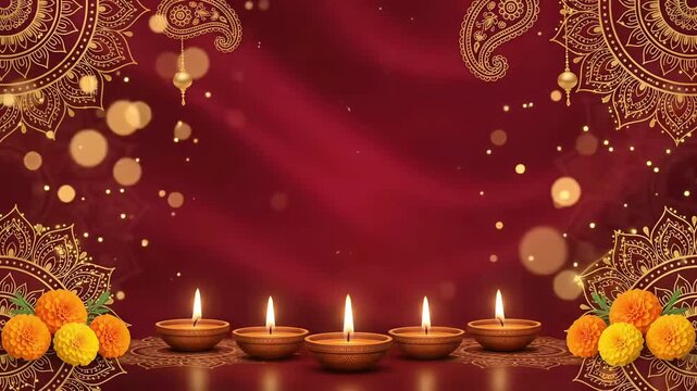 Framed by ornate golden mandalas and fresh marigold clusters, a glowing row of traditional diyas illuminates a rich red central copy space in this elegant animated video background.

