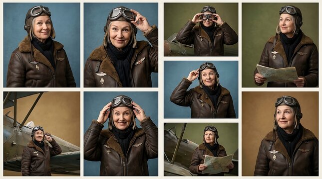 Experienced pilot with goggles and leather jacket checking map, vintage aviation theme