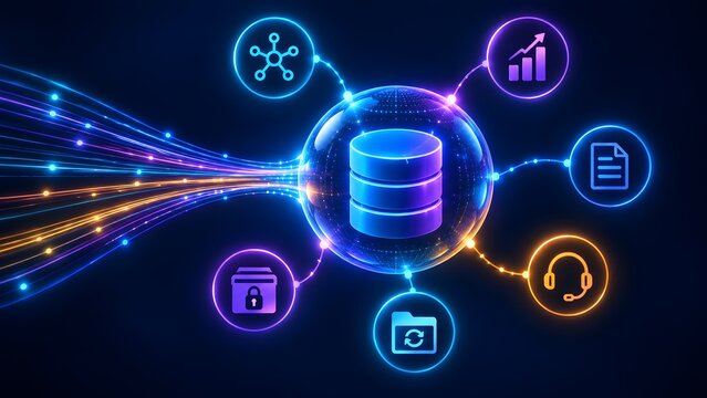 Fiber optic data stream entering glowing database sphere connecting to digital cloud network and business icons