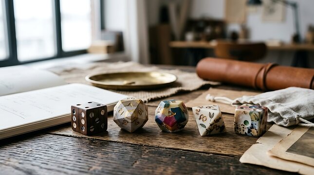 Fantasy game dice on rustic wooden table with vintage items