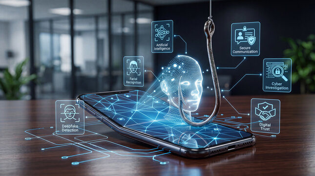 Artificial intelligence smartphone cyber security phishing hook digital trust secure communication facial recognition deepfake detection cyber investigation