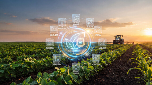 Smart tractor holographic leaf digital farm management automated irrigation satellite monitoring climate analytics crop yield prediction fertilizer optimization renewable farming renewable