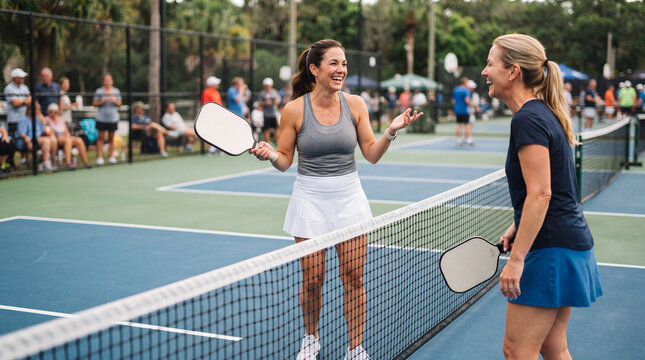 Smiling woman holding paddle on outdoor court, women talking at net on pickleball court, friendly sport game with racket and net