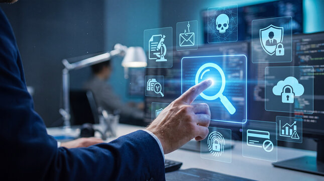Cyber security analyst touching search icon on digital screen in office