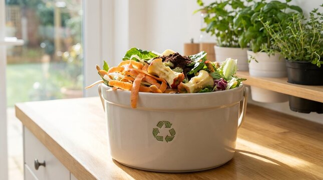 A stylish compost bin filled with vegetable scraps and greens, ready for organic recycling. The bin sits on a wooden kitchen counter, with a window and plants visible in the background