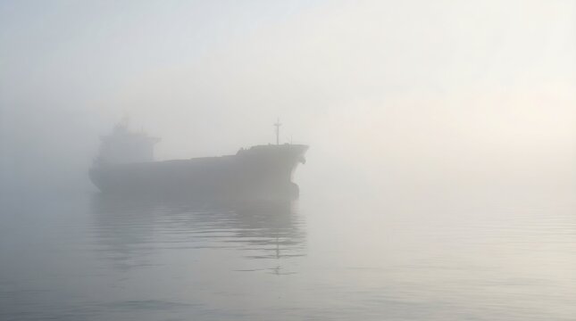 A cargo ship is shrouded in thick fog on the water, creating an atmospheric and mysterious scene