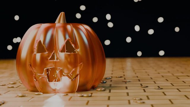 Carved pumpkin with spirit lights on shiny brick pathway at night