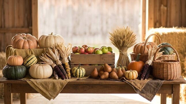 Harvest table display with pumpkins, apples, and wicker baskets in a barn.