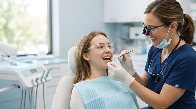 Dentist examining patient's teeth during a professional dental checkup
