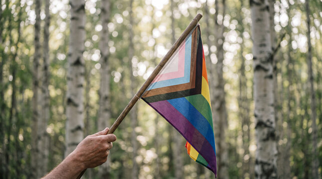 A close-up shot of a hand holding a Progress Pride flag against a blurred, sunlit forest background, symbolizing equality, inclusivity, and nature.