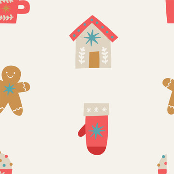 Christmas Hand Drawn vecor print. Festive Holiday clipart. Folk Decor Elements. Seamless pattern