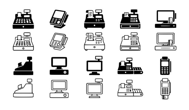 Minimal Cash Register POS Black White Silhouette Line Art Vector Icons