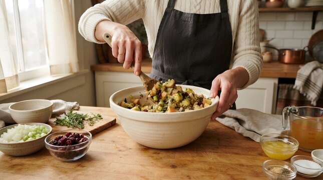 Person mixing homemade stuffing in a large ceramic bowl on a wooden kitchen table.