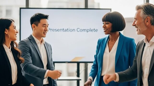 Successful Team Celebration - Diverse Professionals Fisting Bumping After Presentation.