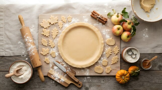 Raw pie crust with leaf-shaped dough cutouts and baking ingredients.