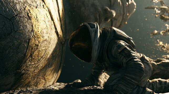 Alien figure in a weathered spacesuit kneeling before a colossal ancient deity statue floating