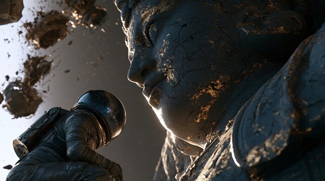 Alien figure in a weathered spacesuit kneeling before a colossal ancient deity statue floating