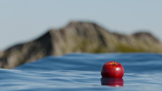 3d apple bobbing on an open sea, apple floating on the top of the ocean surface