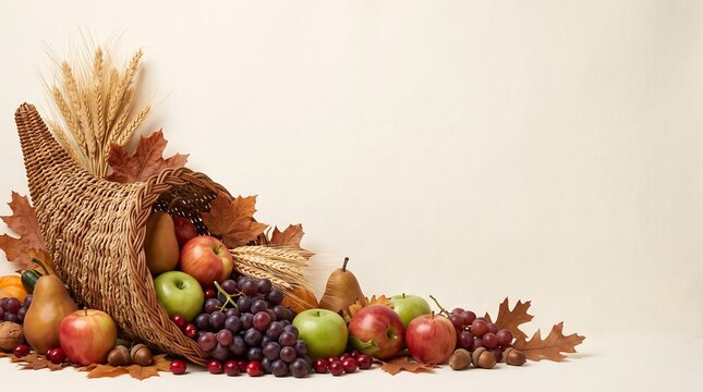 Abundant harvest cornucopia overflowing with fresh autumn fruits grains and dry maple leaves on table