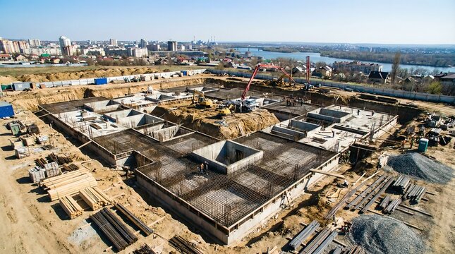 Construction of a large building foundation with concrete structures and visible groundwork. The site shows ongoing development with machinery and materials scattered around.