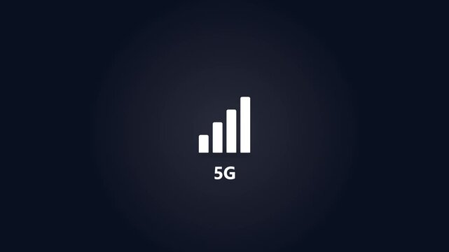 Animated mobile network signal indicator switching from 4G to 5G with sequential signal activation and wireless transmission wave on a clean dark technology background.