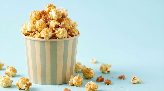A bucket of caramel popcorn sits on a pastel blue background, with popcorn scattered around