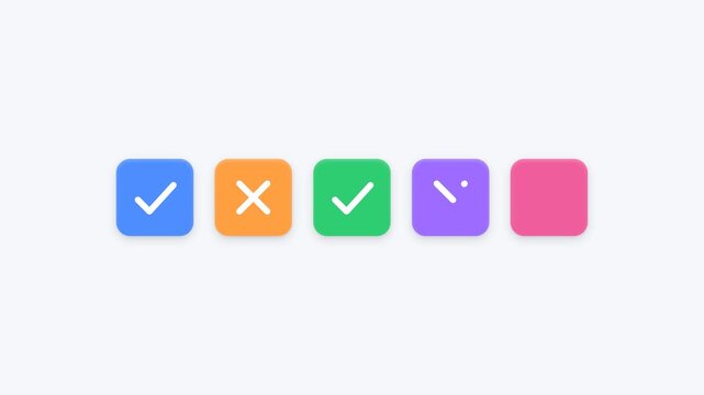 Five colorful checklist boxes sequentially switch between checked and unchecked status in a clean modern workflow animation.