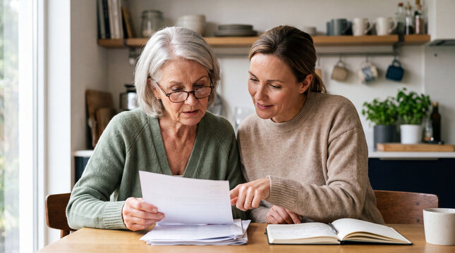 A helpful daughter assists her senior mother in reviewing financial documents, insurance papers, or medical forms together while sitting at the kitchen table.
