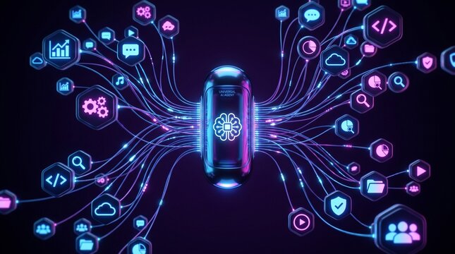 AI agentic workflow automation artificial intelligence agent core interface nodes triggers tools cables brain data connection process network software dashboard technology 3d rendering